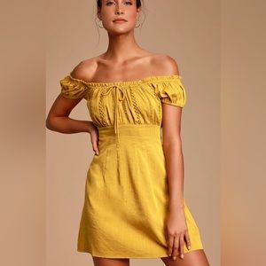 NWOT Lulus Wisteria Mustard Yellow Embroidered Off-the-Shoulder Mini Dress